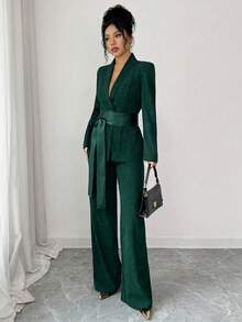 SHEIN Elenzya Ensemble tailleur élégant et romantique pour femmes, blazer ajusté à manches longues avec patchwork de tissus à la taille et pantalon droit