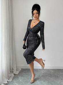 Elenzga Autumn/Winter New French Chic Elegant Knit Glitter Design Cross Collar Tie Waist Fitted Midi Dress, Versatile Cocktail Party Wear, Black - Multicolor - View 5