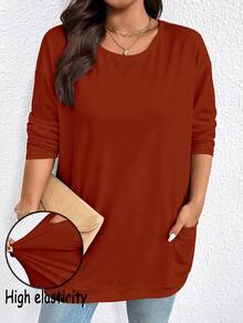 EMERY ROSE Camiseta casual holgada de manga larga con cuello redondo y hombros caídos en unicolor para mujer de talla grande - Naranja - Ver 5