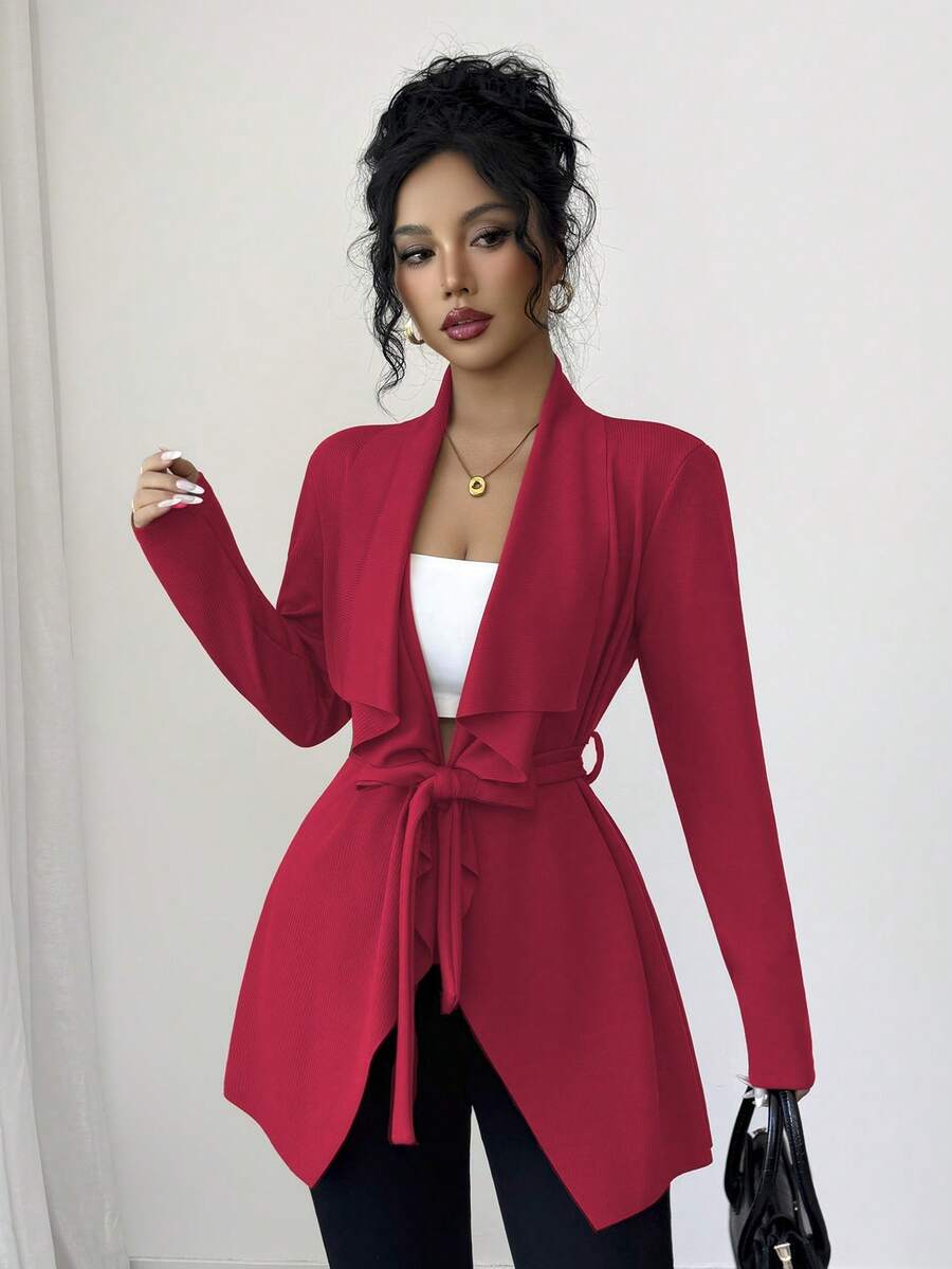 Elenzga Women's Elegant Commuter Solid Color With Belt Regular Jacket - Red - View 1