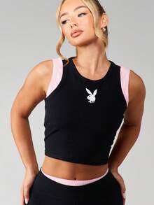 Missguided x Playboy 双层露脐背心短裤家居服套装，罗纹撞色滚边，无袖两件套，纽扣前襟设计 - 彩色 - 查看 5