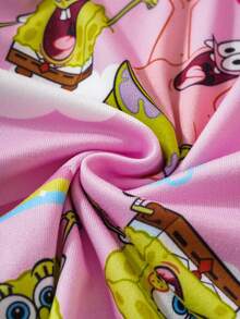 SpongeBob SquarePants | SHEIN Young Girl Cartoon Rainbow Flower & Cloud Print Knit Crew Neck Snug Fit Pink Pajama Set, Autumn/Winter - Pink - View 6