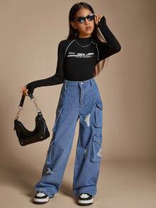 Radiana Jeans rectos con bolsillo con solapa y rotos en el lado, de estilo cargo, para niñas preadolescentes de moda Y2K. Ropa de otoño para niñas, conjuntos de ropa de calle para vuelta al cole - Azul lavado medio - Ver 4