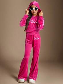 Radiana 2pcs/Set Tween Girls Loose Casual Simple Soft Hoodie Top With Letter Embroidery And Pants Outfit - Hot Pink - View 5