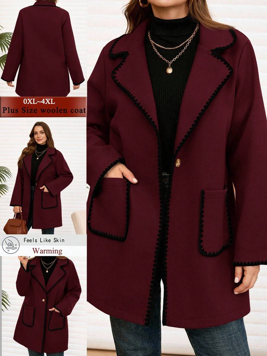 EMERY ROSE Plus Size Women's Elegant Autumn Formal Evening Office Overcoat,Burgundy Black Contrast Embroidered Lace Edge Long Sleeve Pockets Warm Jacket Coats - Burgundy - View 1