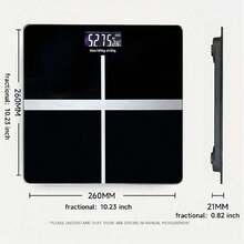 1台带玻璃面板的黑色电子体重秤，精准家用称重工具，成人健康称重设备，小巧便携