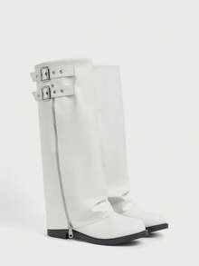 ROMWE Women's Fashionable Versatile Commuting Adjustable Buckle Knee-High Boots For Christmas - White - View 1