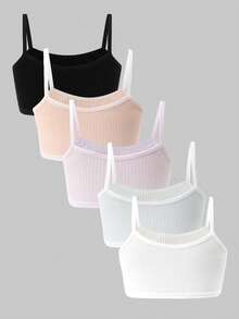 5件装纯棉无钢圈文胸，适合青少年女孩，舒适无衬垫吊带背心