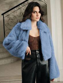 Anewsta 休闲拉链仿毛领外套 - 藍色 - 查看 5