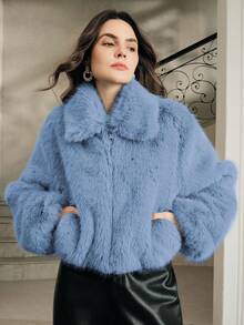 Anewsta 休闲拉链仿毛领外套 - 藍色 - 查看 6