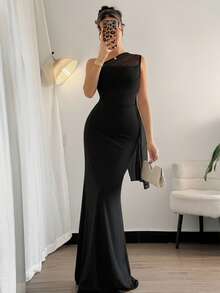 Firerie Women's Elegant Romantic Fashion Commuter Sexy Chic Asymmetric Shoulder Tight Long Dress, Suitable For Party, Beach Vacation, Back To School, Romantic Date, Wedding Season, Birthday, Easter, Spring/Summer Gown - Black - View 1