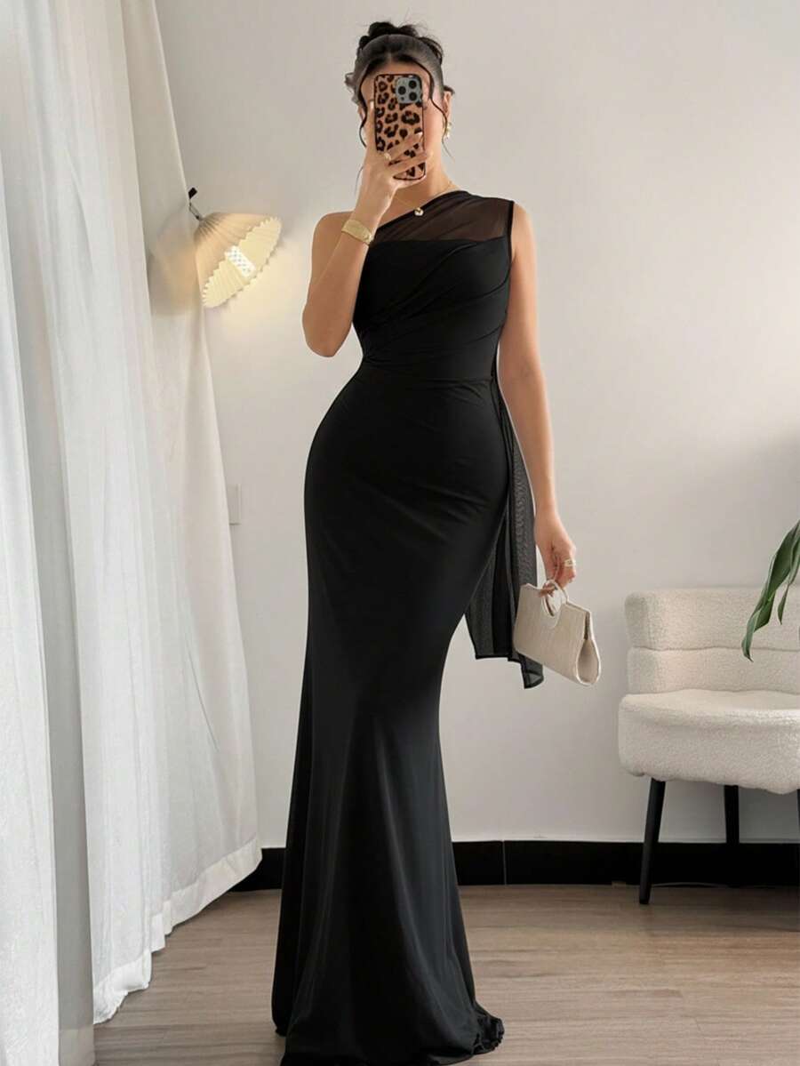 Firerie Women's Elegant Romantic Fashion Commuter Sexy Chic Asymmetric Shoulder Tight Long Dress, Suitable For Party, Beach Vacation, Back To School, Romantic Date, Wedding Season, Birthday, Easter, Spring/Summer Gown - Black - View 1