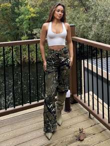RebeccaVibe Jeans rectos de bolsillo con estampado completo, de corte holgado - Verde militar - Ver 1