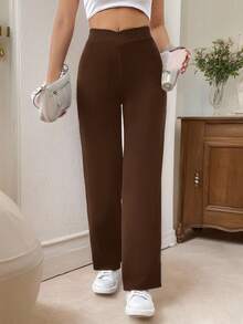 SHEIN Frenchy 女士休闲优雅扭腰修身直筒裤 - 棕色 - 查看 5