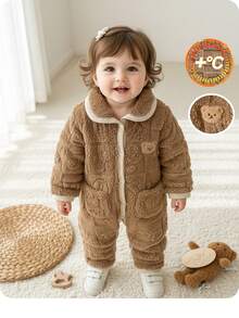 SHEIN Baby Girl Cute Furry Patchwork Cartoon Pattern Turndown Collar Jumpsuit, Autumn/Winter - Multicolor - View 1