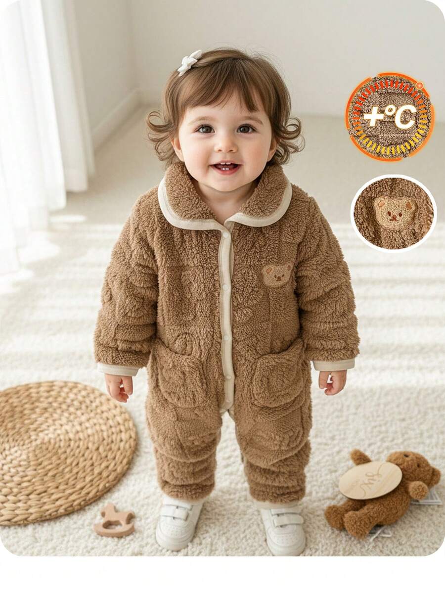 SHEIN Baby Girl Cute Furry Patchwork Cartoon Pattern Turndown Collar Jumpsuit, Autumn/Winter - Multicolor - View 1