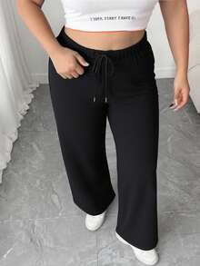 Elenzga 加大码纯色抽绳腰带口袋阔腿裤，秋冬季时尚之选 - 黑色 - 查看 4