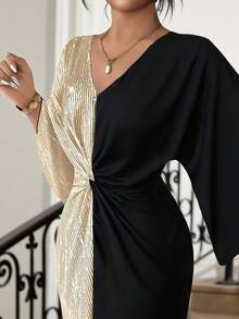 SHEIN Lady Sequin Plus Size Women V-Neck 3/4 Sleeve Sequin Patchwork Bodycon Party Dress Gold Sequin Dress Elegant Dress Women Luxury Dress For Women Black Gold Dress Cruise Dinner Dress Sequin Women Dresses Gold Sequin Dress Women Elegant Black Gold Dress - Multicolor - View 6