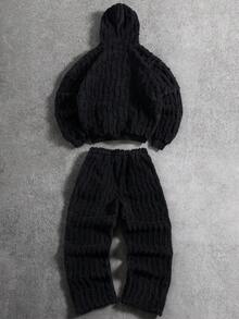 PAVTROS 男士休闲时尚街头刺绣抓绒连帽衫和裤子套装，秋冬款，街头风，宽松版型，男士，情侣装，印花图案，我爱我的男朋友，朋友，情侣装，男朋友 - 黑色 - 查看 2