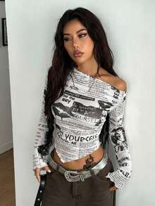 Coolane 女士秋季四季皆宜复古街头风报纸图案弹力露肩不对称领上衣 - 白色 - 查看 2