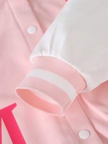 SHEIN 两件套女童休闲套装：时尚字母图案纽扣外套和条纹阔腿裤套装，适合秋冬季穿着。 - 彩色 - 查看 3