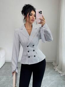 SHEIN Elenzya New Women's Shirt With Lapel Collar, Bow Decor, Long Sleeve, Woven Striped, Elegant For Daily Wear - Multicolor - View 5