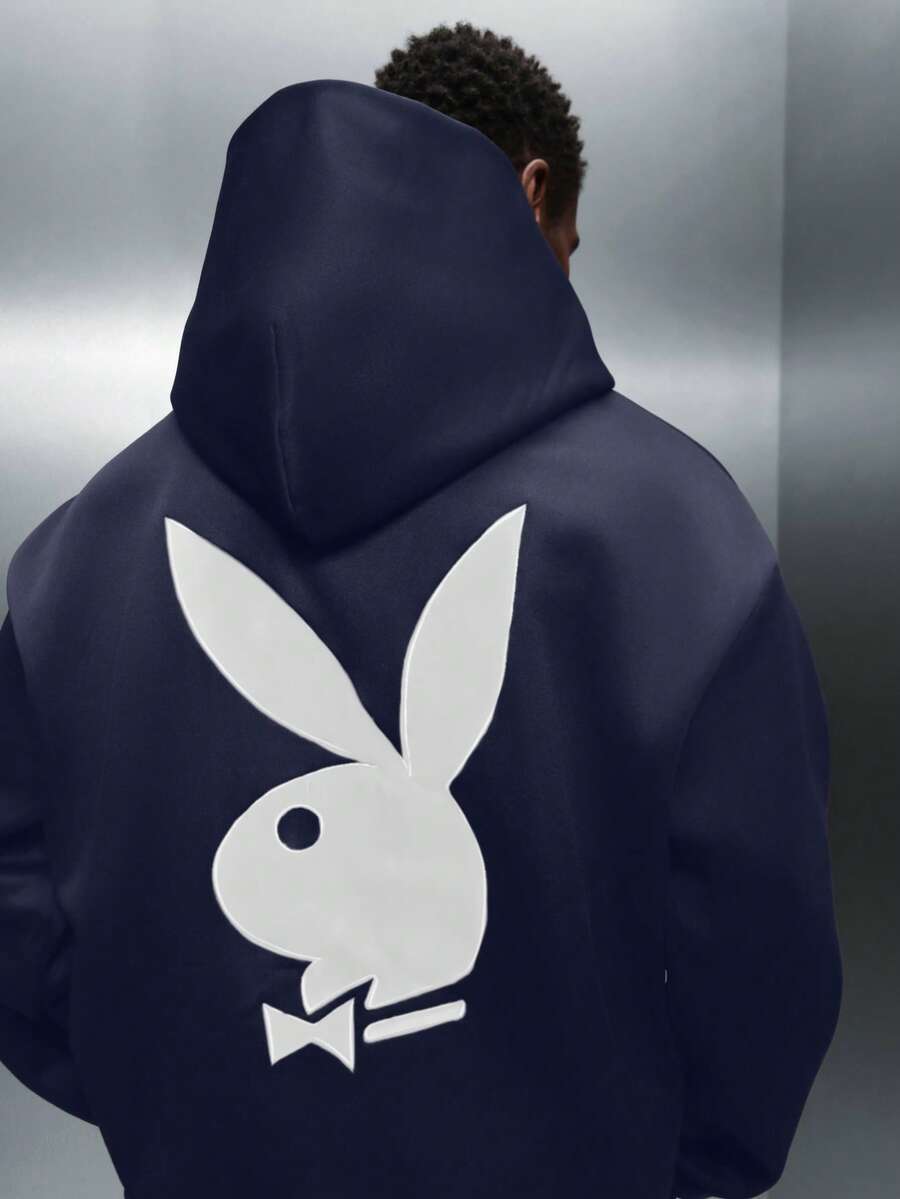 PLAYBOY X SUMWON Áo hoodie chui đầu in logo chú thỏ, áo nỉ trùm đầu dáng thường ngày mùa đông - Màu xanh hải quân - Xem 1