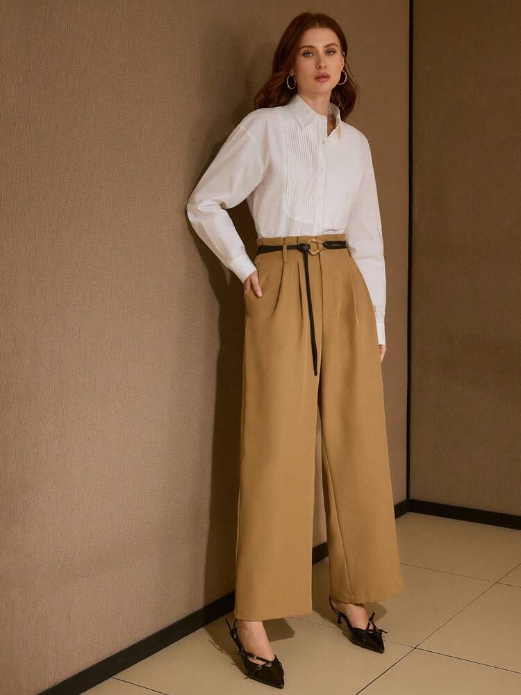 WOMEN'S SOLID COLOR PAPERBAG WAIST VERSATILE COMMUTER ELEGANT WIDE LEG BELTED PANTS