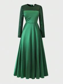 Elegant Sequin Embellished Green Satin Dress, Suitable For Teenagers And Christmas Party - Green - View 7