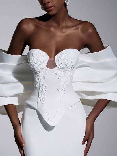 Elitara Elegant And Glamorous White Stretch Knit, Luxurious Satin Finish, Appliqué Details, Strapless Design, Faux Two-Piece Style, Large Bow Sleeves, Oversized Mermaid Silhouette, Train. Suitable For Weddings, Bridal Gowns, Formal Occasions, And Elaborately Embellished Wedding Dresses.,Wedding Party Dress