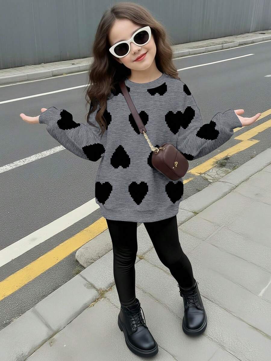 TaviRue 两件套女童休闲圆领长袖卫衣和打底裤，秋冬季，经典像素风可爱卡通爱心印花