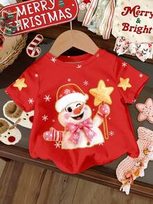 SHEIN Lễ Giáng sinh, Giáng sinh màu đỏ, Người tuyết hoạt hình dễ thương và vui nhộn, Nơ màu hồng, In họa tiết ngôi sao, Áo thun tay ngắn cổ tròn tối giản thường ngày cho bé gái, Phù hợp cho mùa hè, Mọi mùa, Giáng sinh, Năm mới, Phong cách đường phố, Ở nhà, Kỳ nghỉ, Biểu diễn ở trường - Nhiều màu - Xem 2