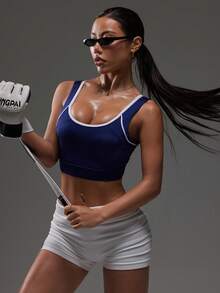 Gameset SHEIN Sport Women's 2 In 1 Racerback Sports Bra,Athletic Top Built In Bra For Tennis Training Outdoor,Navy Blue And White,Summer,Athleisure,Gym Fitness Wear - Navy Blue - View 3