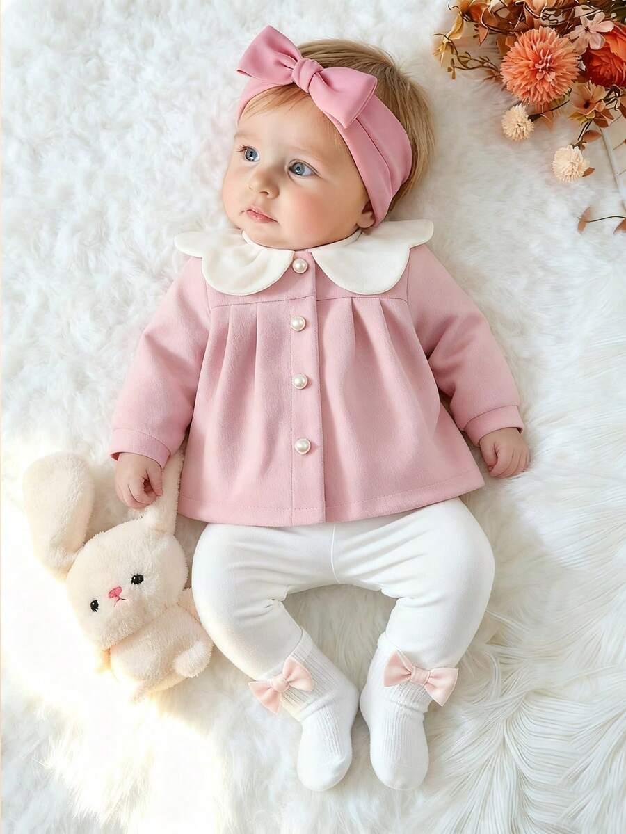 SHEIN 女婴羊毛外套和打底裤两件套，新款婴儿幼儿彼得潘领秋冬套装