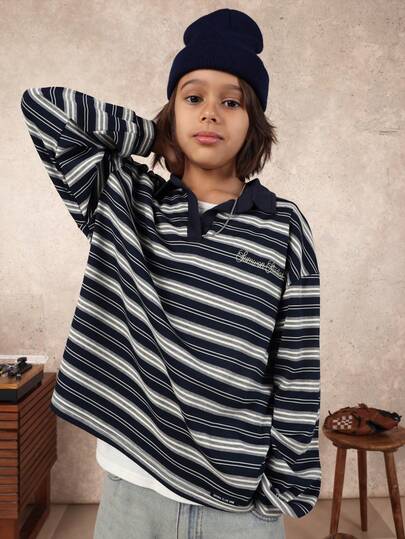 SUMWON Boys Striped Long Sleeve Polo Shirt With Horizontal Stripes And Collared Neckline For School Casual Wear