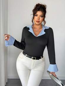 Elenzga Damen elegantes Kontrast-Streifenoberteil mit Kragen und Gummizug - Schwarz - Übersicht 7