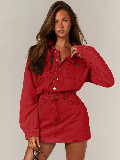 Athîral Women's Drop Shoulder Long Sleeve Single-Breasted Pocket Casual Denim Dress,Casual Red Denim Mini Dress