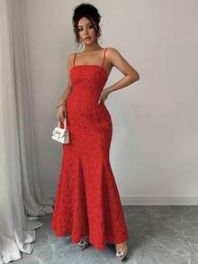 Rafferiza Vestido de fiesta azul para mujer con textura floral de satén sin mangas y versátil - Burdeos - Ver 7