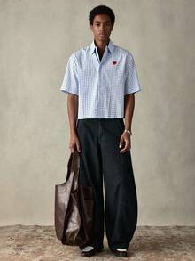 SWAVVY Męska koszula w kratę z haftem w kształcie serca i krótkim rękawem, z guzikami z przodu