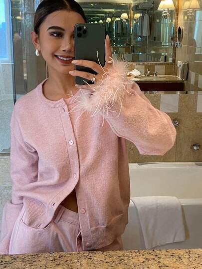 Livesso Kadınlar İçin Düz Renk Tüylü Ön Düğmeli Uzun Kollu Hırka, Sonbahar/Kış Partileri ve Ziyafetler İçin Uygun