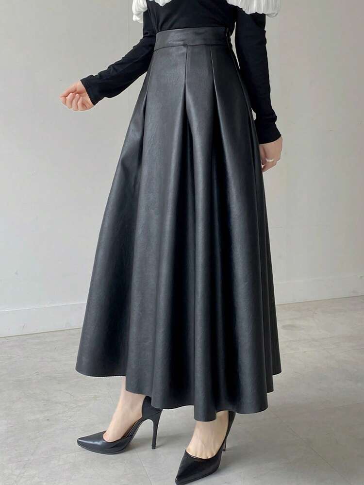 Women's Elegant High Waist A-Line PU Leather Skirt, Suitable For Commuting