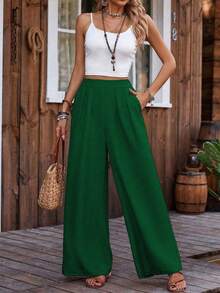 LanaWest 女士休闲纯色翻折褶裥斜插口袋阔腿裤 - 綠色 - 查看 1