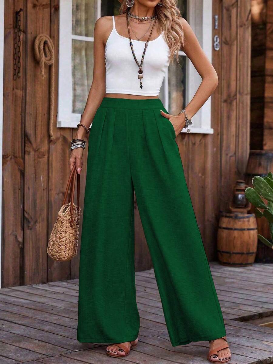 LanaWest 女士休闲纯色翻折褶裥斜插口袋阔腿裤 - 綠色 - 查看 1