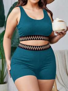 Swim Lushoire 大码女士纯色圆领抹胸上衣和高腰短裤泳衣套装，性感优雅休闲，适合日常、海滩、度假穿着 - 水鴨藍 - 查看 4