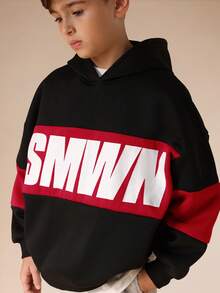 SUMWON Hoodie Pullover Oversize untuk Anak Laki-laki dengan Desain Blok Warna dan Cetak Logo, Lengan Panjang, Sweatshirt Kasual untuk Sekolah dan Liburan Akhir Pekan - Hitam - View 4