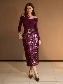 MOTF PREMIUM WOMEN'S ELEGANT OFF-SHOULDER T-SHIRT - Burgundy - View 5