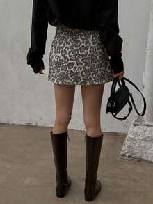 DAZY Women's Leopard Print Denim A-Line Skirt, Minimalist & Fashion For Casual Daily Wear Jeans Skirt - Brown - View 5