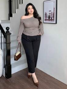 Dazy Plus Fashionable Casual Striped Off-Shoulder Lantern Sleeve Fitted Cropped Elegant Long Sleeve T-Shirt - Khaki - View 5