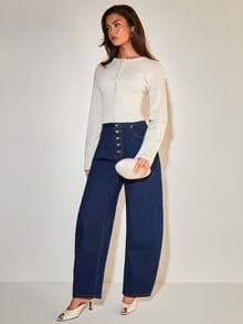 COSMINA Women's Elegant Denim Metal Buckle Barrel Leg Pants, Loose Fit Versatile For Commuting, Daily Office Wear, All Seasons - Blue - View 3