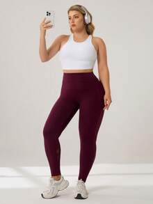 Auralis Quần legging tập yoga, quần legging tập yoga có túi, màu đỏ rượu vang cỡ lớn cho nữ, cạp cao, lưới vá, nâng cơ bụng, có túi bên hông, quần legging tập yoga, quần legging tập gym màu đỏ cho nữ có đường cong - Màu Đỏ Sâu - Xem 5